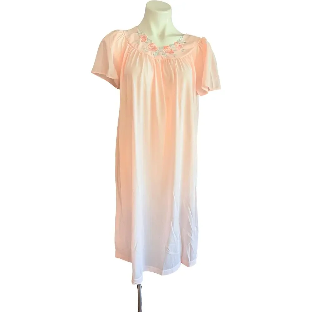Shadowline Vintage Pink Embroidered Rose Nightgown, New Old Stock Nylon Sz S